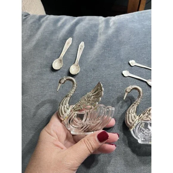 Pair of 3" Large Vtg Germany Silver & Crystal Swan Master Salt Cellars w/Spoons - Picture 8 of 16